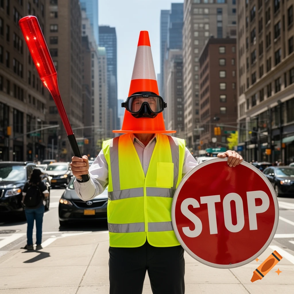 A person with a traffic cone for a head and dive goggles holds a red traffic baton and a 'STOP' sign on a city street.