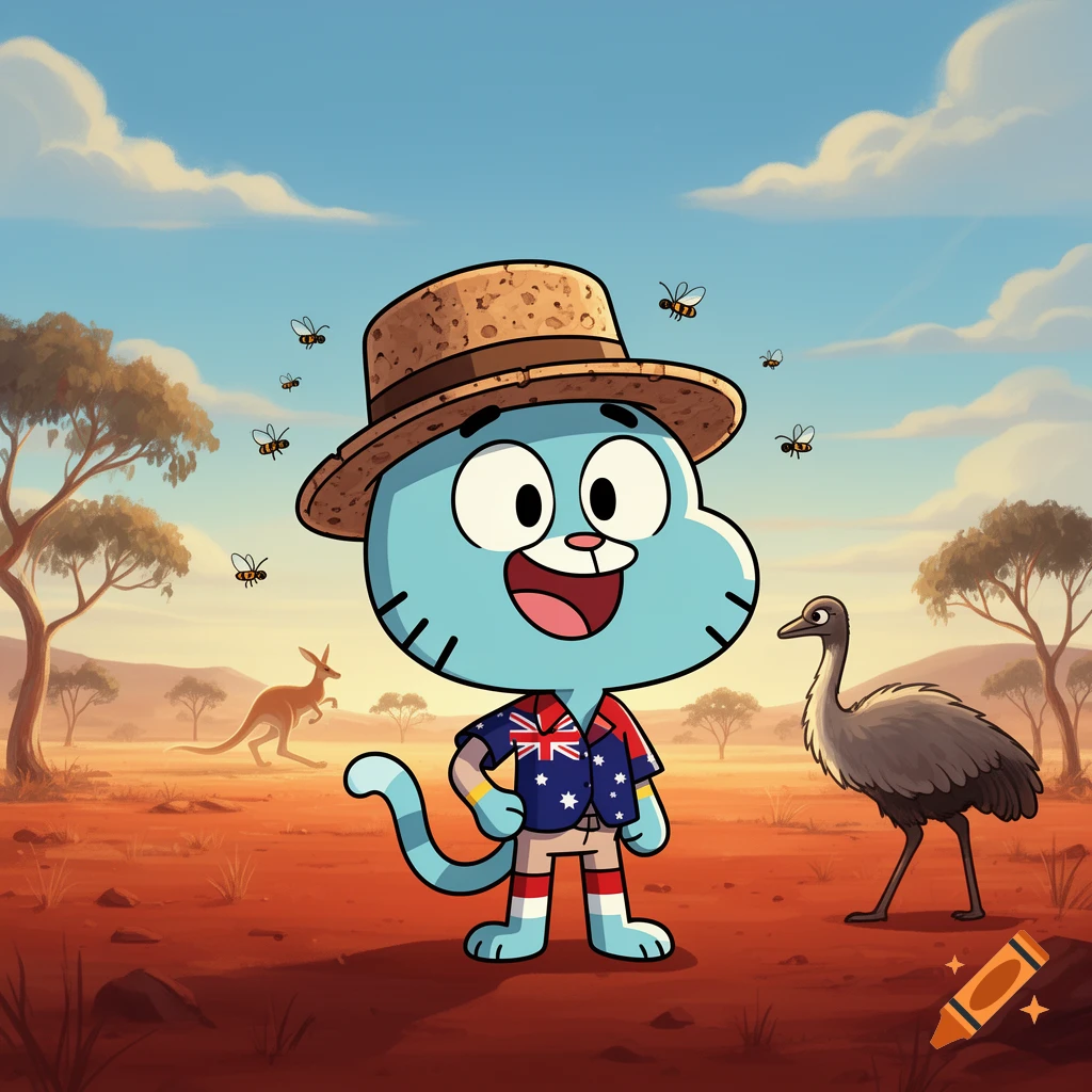 Cartoon character Gumball Watterson wearing an Australian flag shirt and a hat, standing in an Australian desert landscape with a kangaroo and an emu, surrounded by flies.