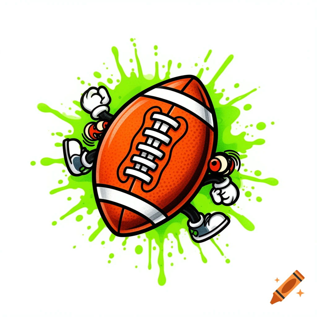 New School tattoo style illustration of an American football character with crazy eyes, arms, and legs, on electric lime green paint splatters.