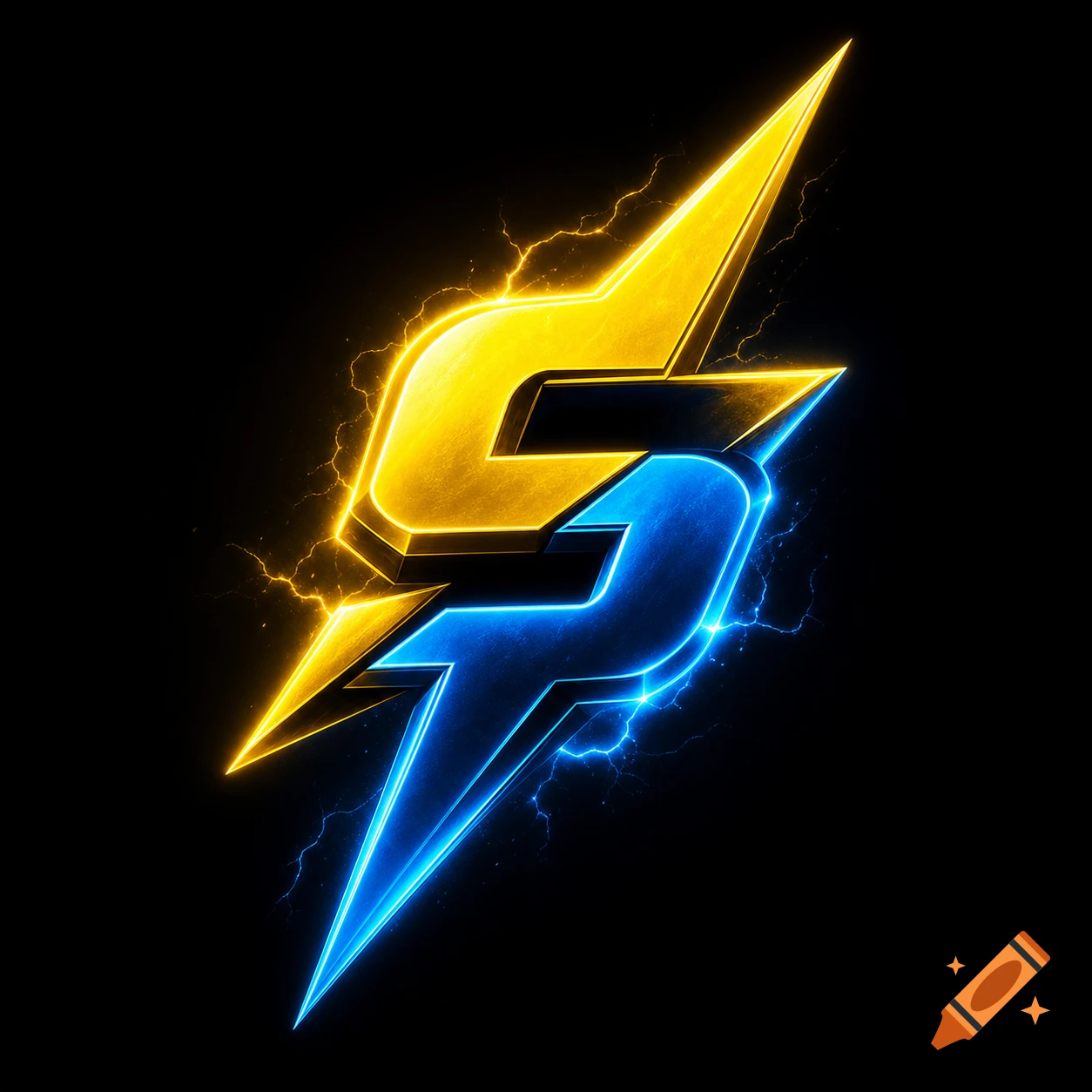 A stylized 3D letter 'S' logo, half golden yellow with lightning and half electric blue with lightning, on a black background.