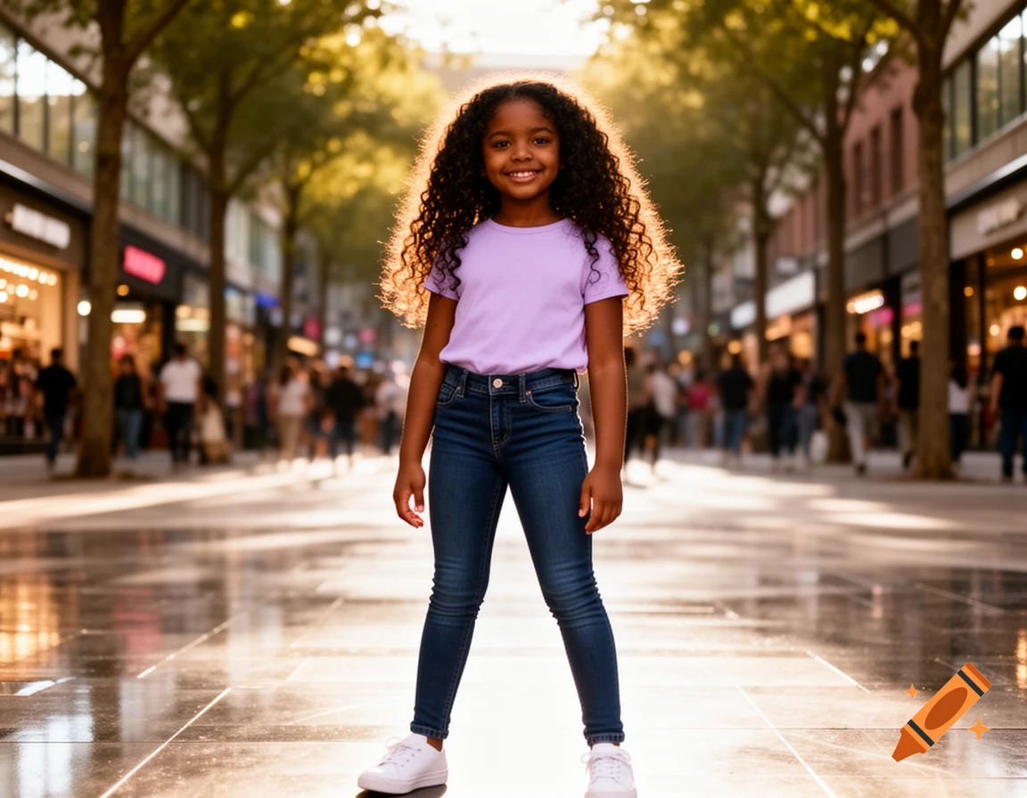 A smiling young Black girl with curly hair stands in a sunny urban street lined with shops and trees.