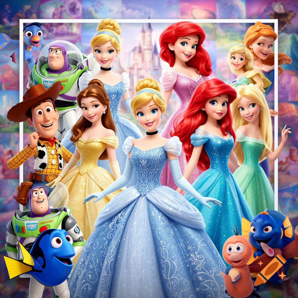Vibrant scene with Disney Princesses like Cinderella, Ariel, and Belle, alongside Pixar characters Woody, Buzz Lightyear, and Dory.