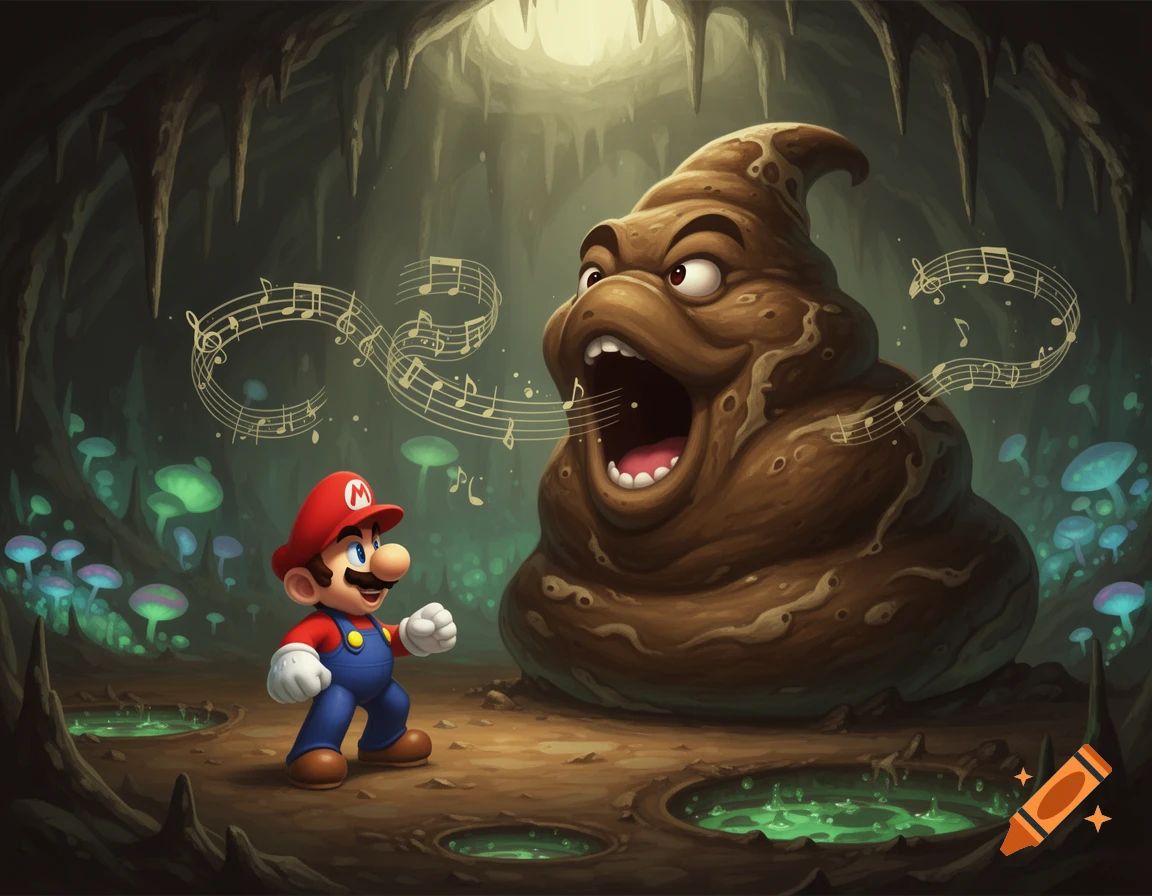 Mario stands in a glowing cave, facing a large, anthropomorphic pile of feces with an open mouth, singing musical notes.