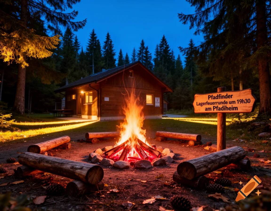 A vibrant campfire glows at night in a forest clearing, with a wooden cabin and seating logs. A sign indicates 'Pfadfinder Lagerfeuerrunde um 19h30 am Pfadiheim'.