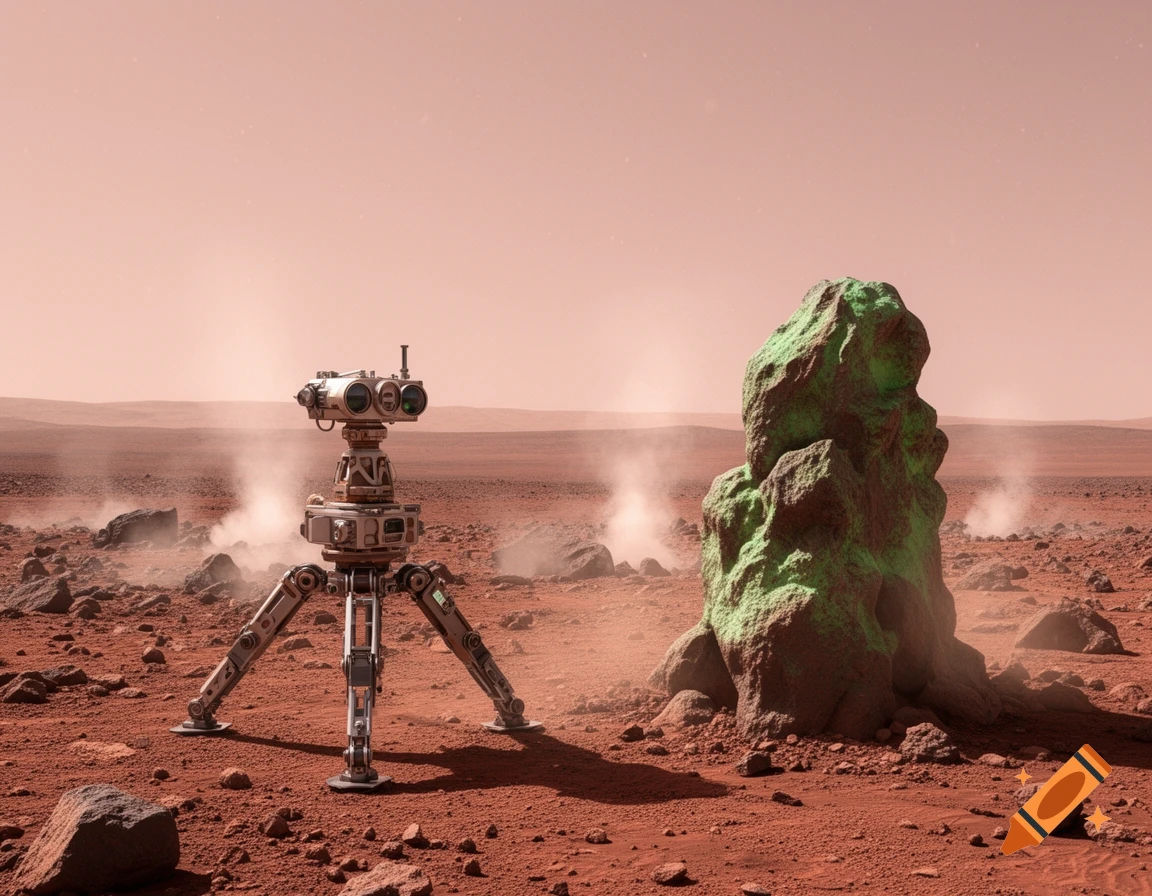 A photorealistic three-legged robot stands on the red Martian surface, facing a large, green rock, with smoke in the distance.