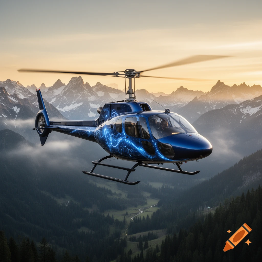 A blue helicopter with glowing mystical patterns flies over a mountainous landscape at sunset.