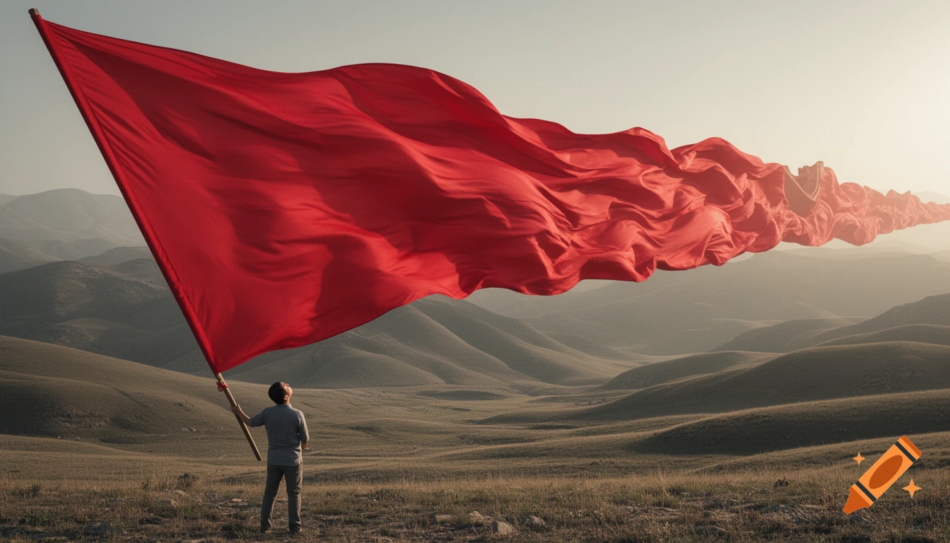 A person stands in a vast, arid landscape, holding an impossibly long, flowing red flag that stretches into the distance.