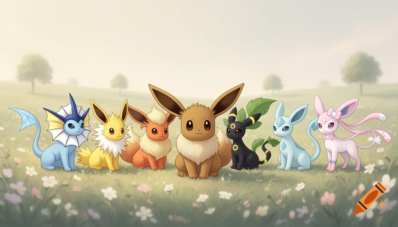 Eevee sits in the center of a grassy meadow with wildflowers, surrounded by six of its evolutions: Vaporeon, Jolteon, Flareon, Umbreon, Glaceon, and Sylveon.