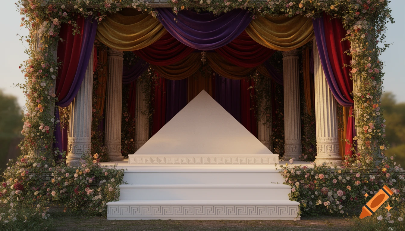 An ornate stage featuring a white tiered platform with Greek key patterns, surrounded by ivy-covered Roman pillars, colorful drapes, and abundant flowering vines.