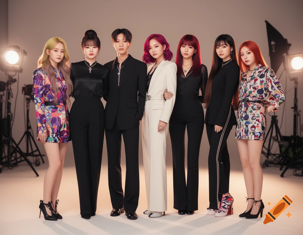 A photorealistic image of seven K-pop style performers posing in a studio with bright lights.