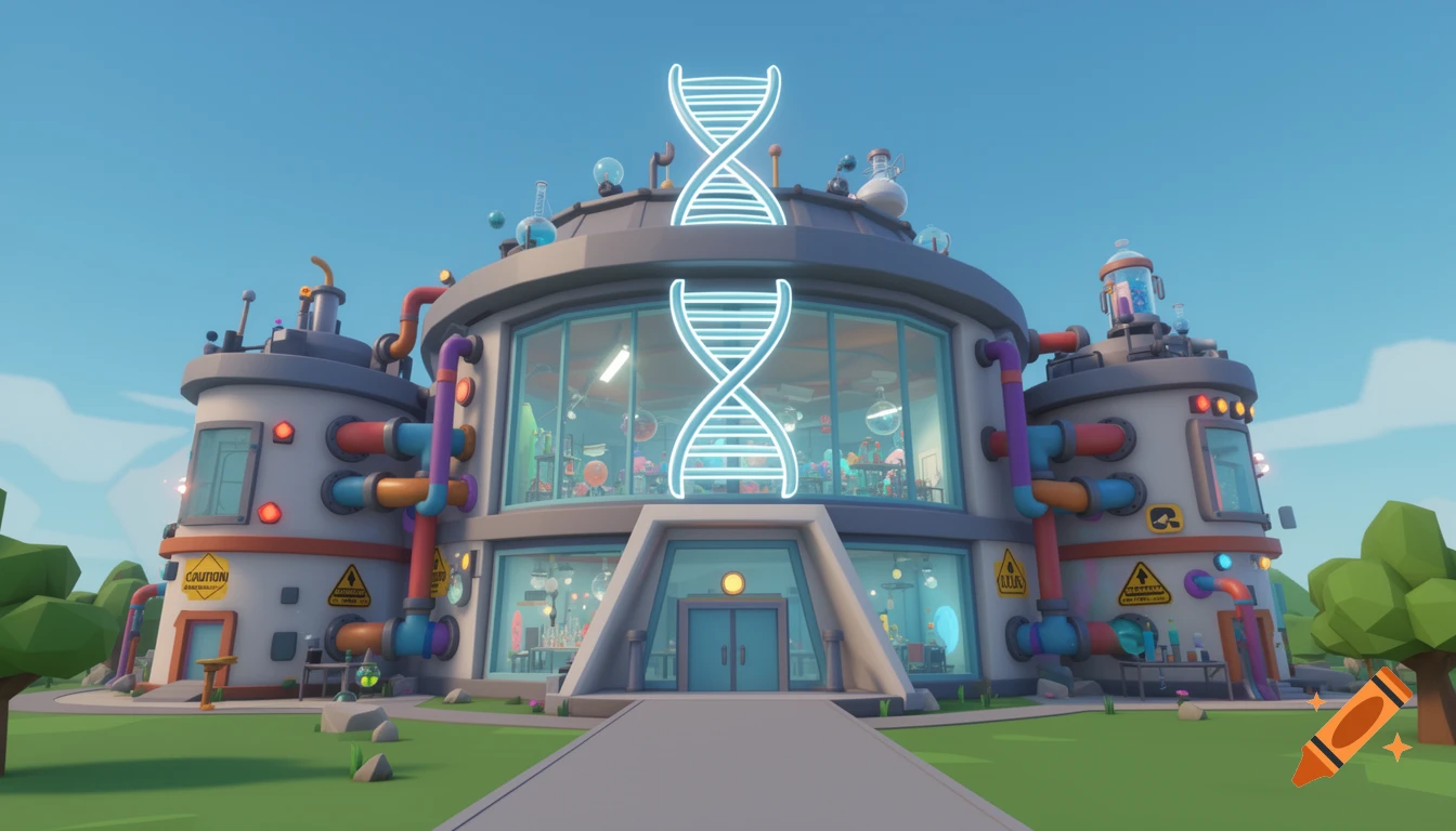 A colorful, low-poly cartoon laboratory building with a glowing DNA helix, large windows showing equipment, and various pipes under a blue sky.
