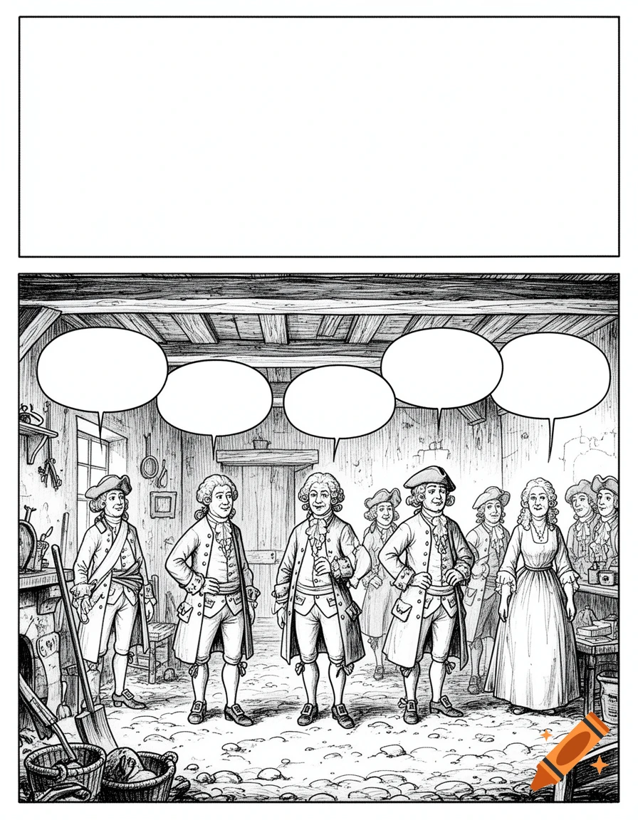 Black and white comic illustration of people in 18th-century French attire inside a cottage, with six empty speech bubbles above them.