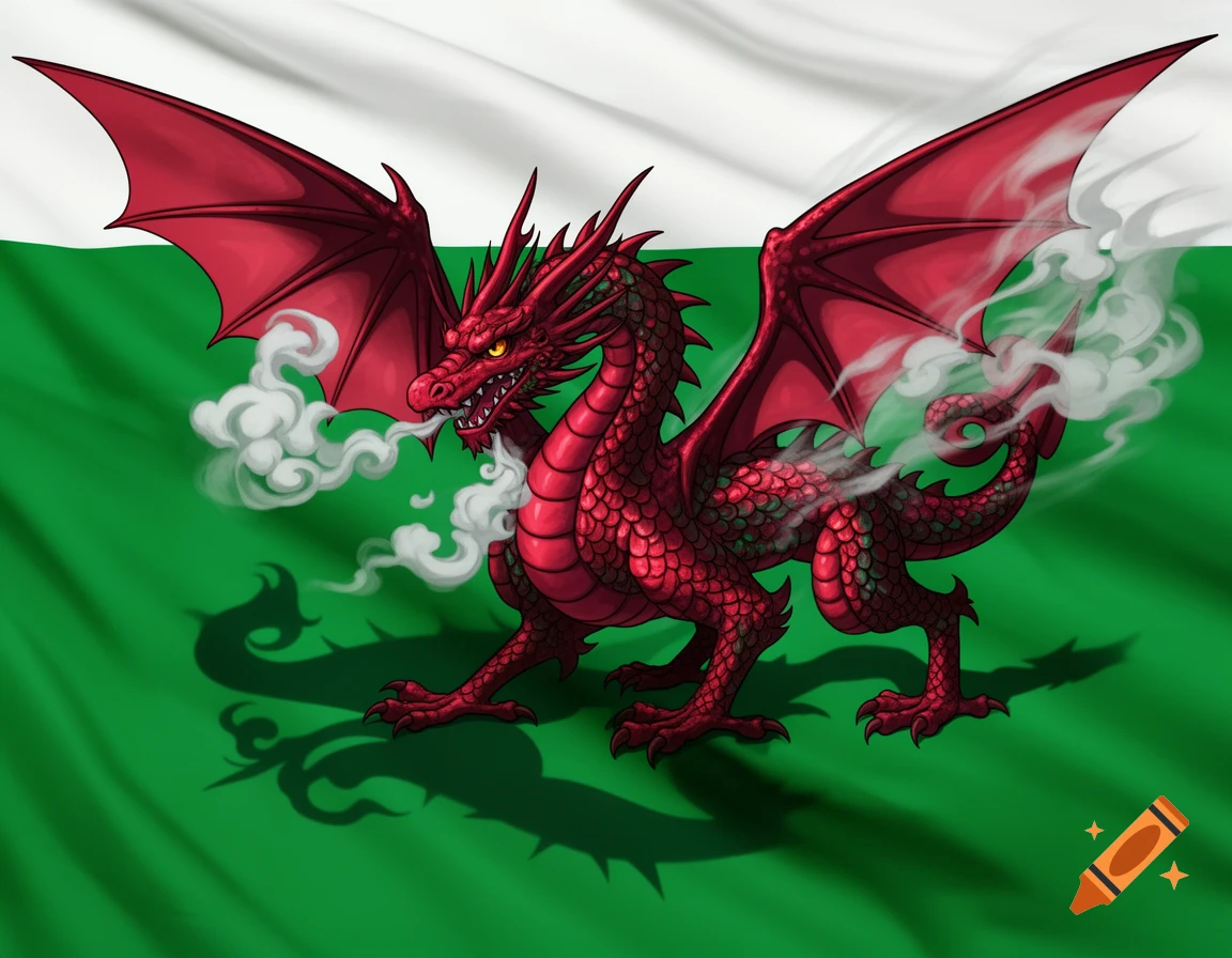 Red anime dragon breathing smoke on a white and green flag, casting a shadow.