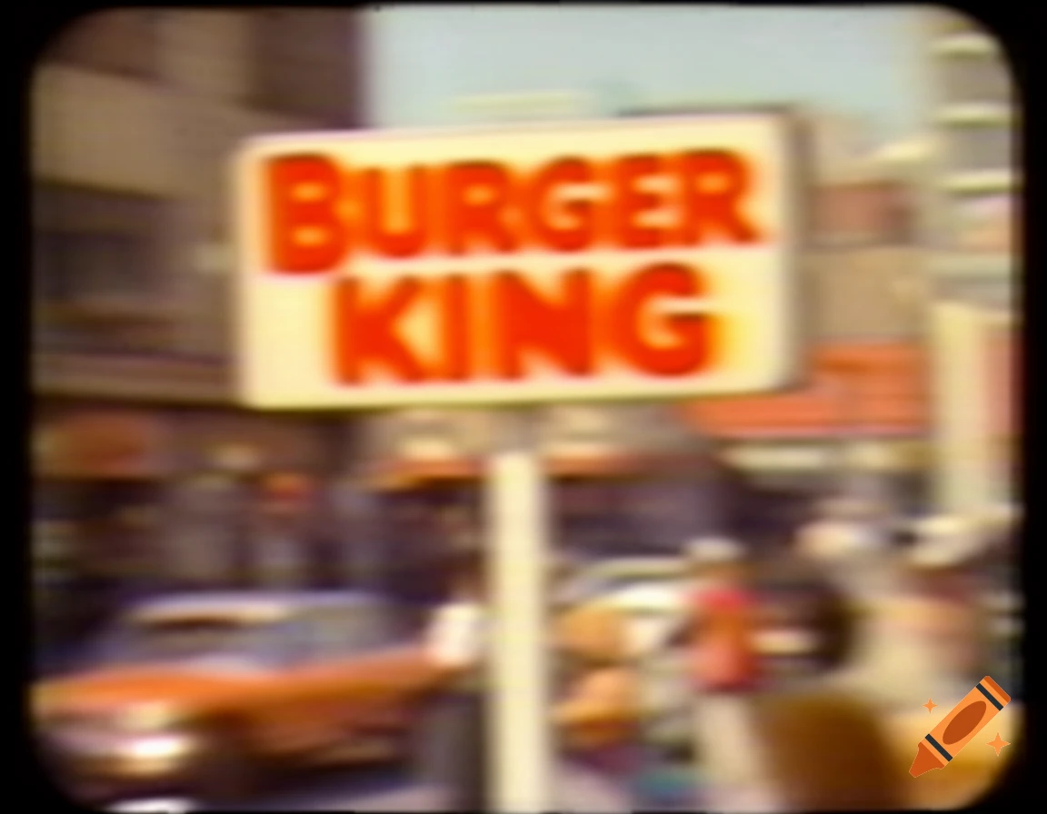 A blurry, low-quality vintage shot of a Burger King sign on a street with cars in the background.