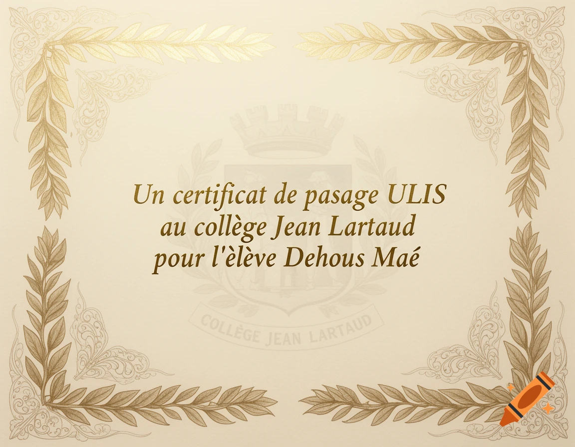 A gold-bordered certificate on a cream background with text in French: 'Un certificat de passage ULIS au collège Jean Lartaud pour l'élève Dehous Maé'.