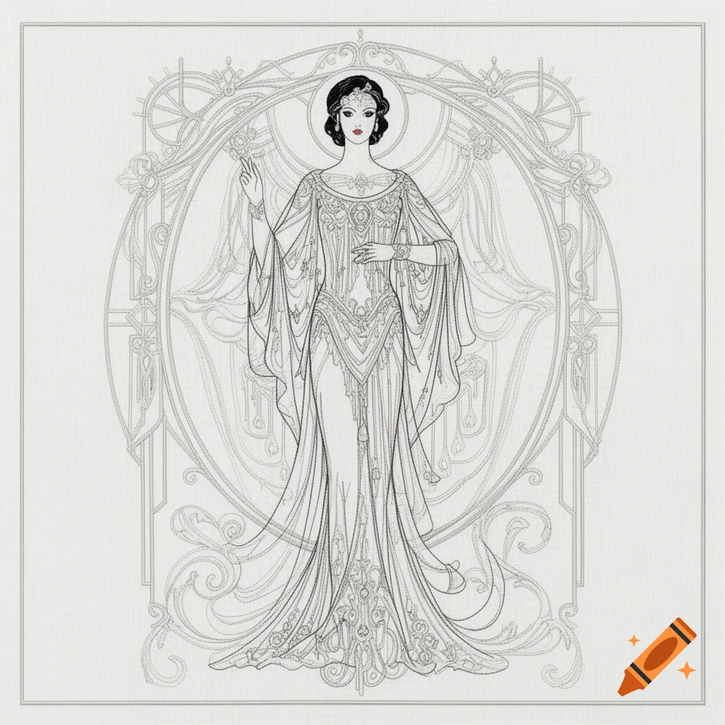 Full-body line drawing of a woman in an elaborate Art Deco-style gown, framed by intricate patterns.