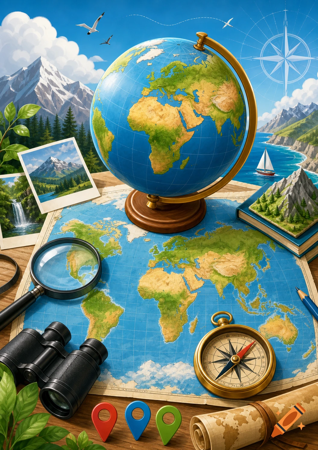 Illustrative overhead view of a globe, world map, compass, binoculars, magnifying glass, and travel photos on a wooden table, under a sunny sky.