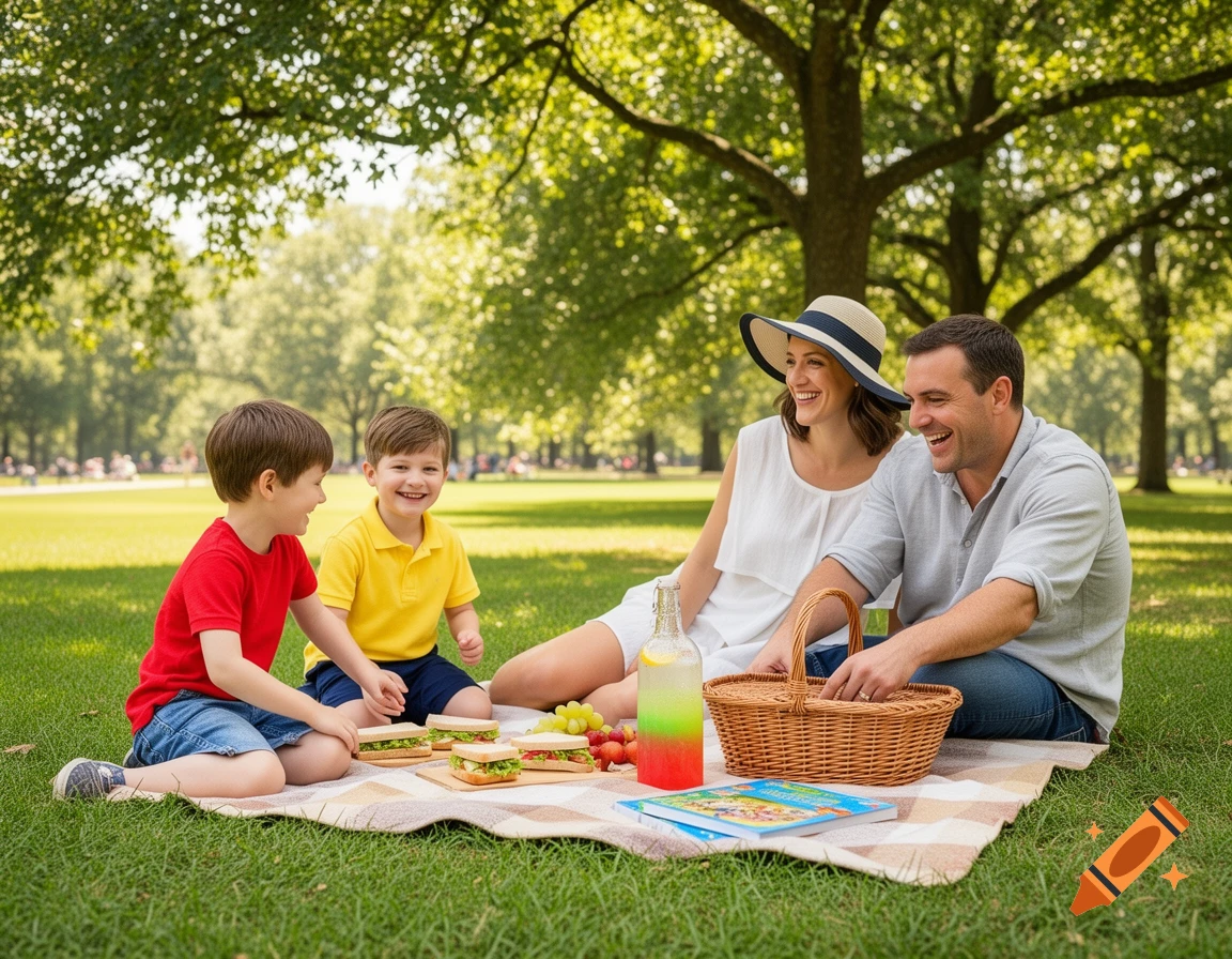 A happy family of four, two parents and two young boys, enjoys a sunny picnic on a blanket in a park.