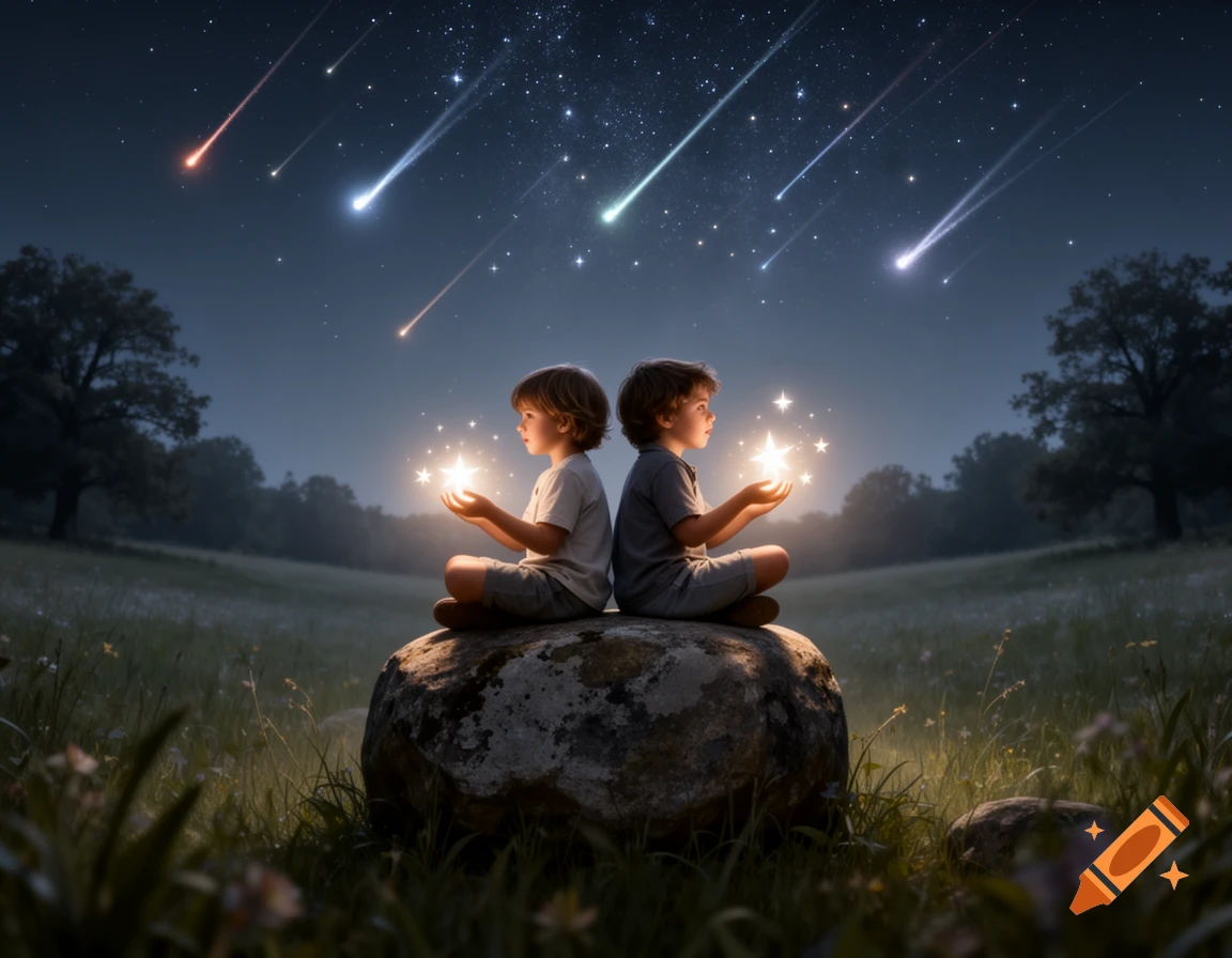 Two children sit on a rock in a field at night, holding glowing stars as meteors fall from the sky.
