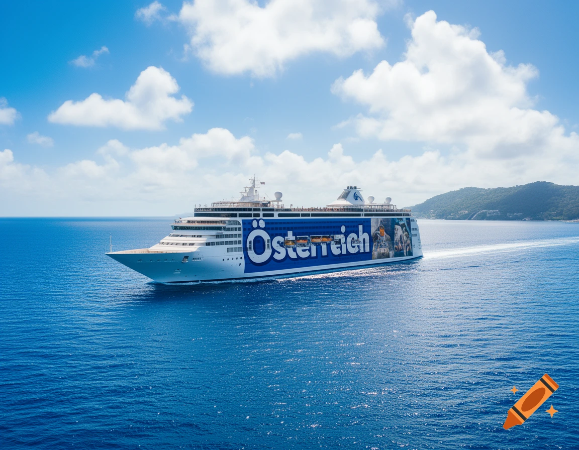 A large white and blue cruise ship with 'Österreich' written on its side sails across a blue ocean under a partly cloudy sky, with a green island in the distance.