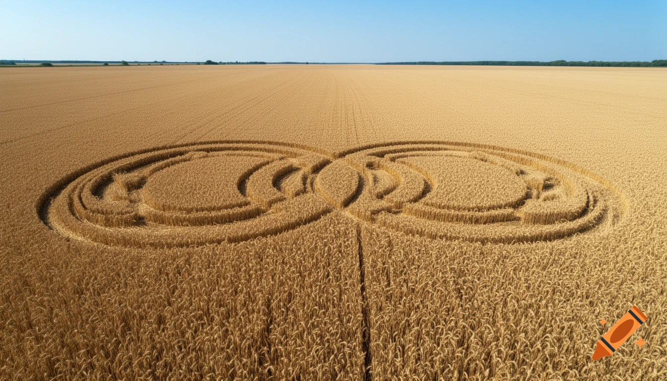 Aerial view of two intricate crop circles side by side in a golden wheat field under a clear blue sky.