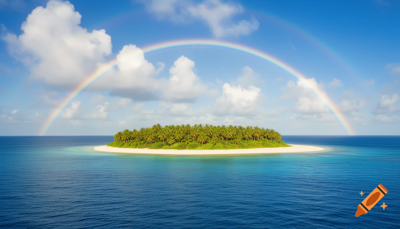 Photorealistic image of a lush tropical island covered in palm trees, surrounded by clear blue ocean, with a double rainbow in the sky.