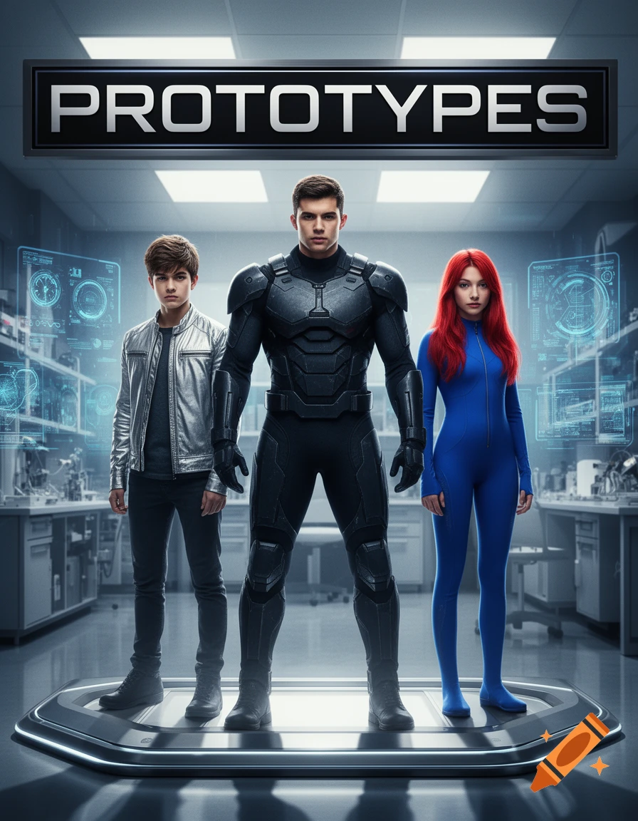 Three people in futuristic outfits stand on a glowing platform in a high-tech lab. A sign above reads "PROTOTYPES".