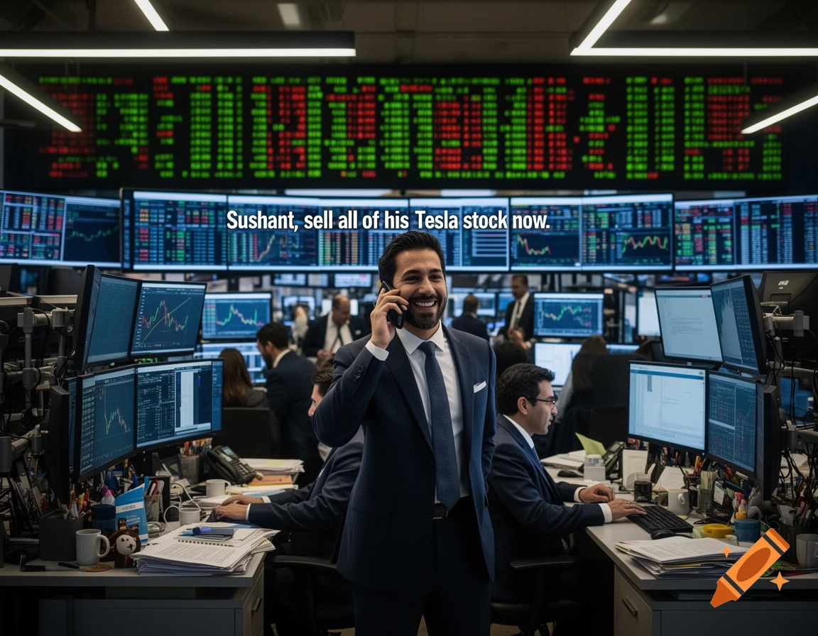 A smiling man in a suit talks on a phone in a busy stock trading room with "Sushant, sell all of his Tesla stock now." overlay text.