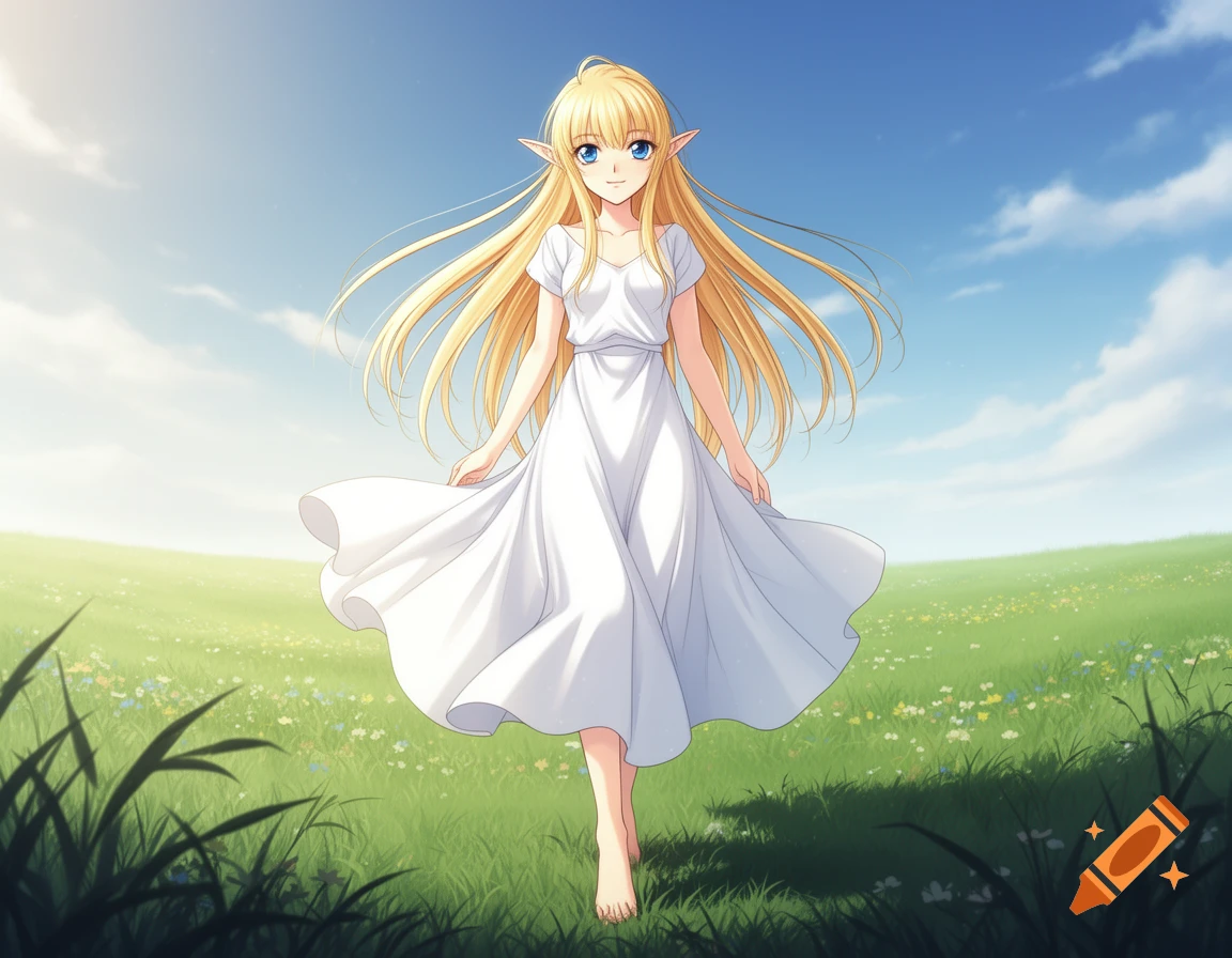 An anime blonde elf girl with blue eyes in a white dress walks barefoot through a green field under a clear blue sky.