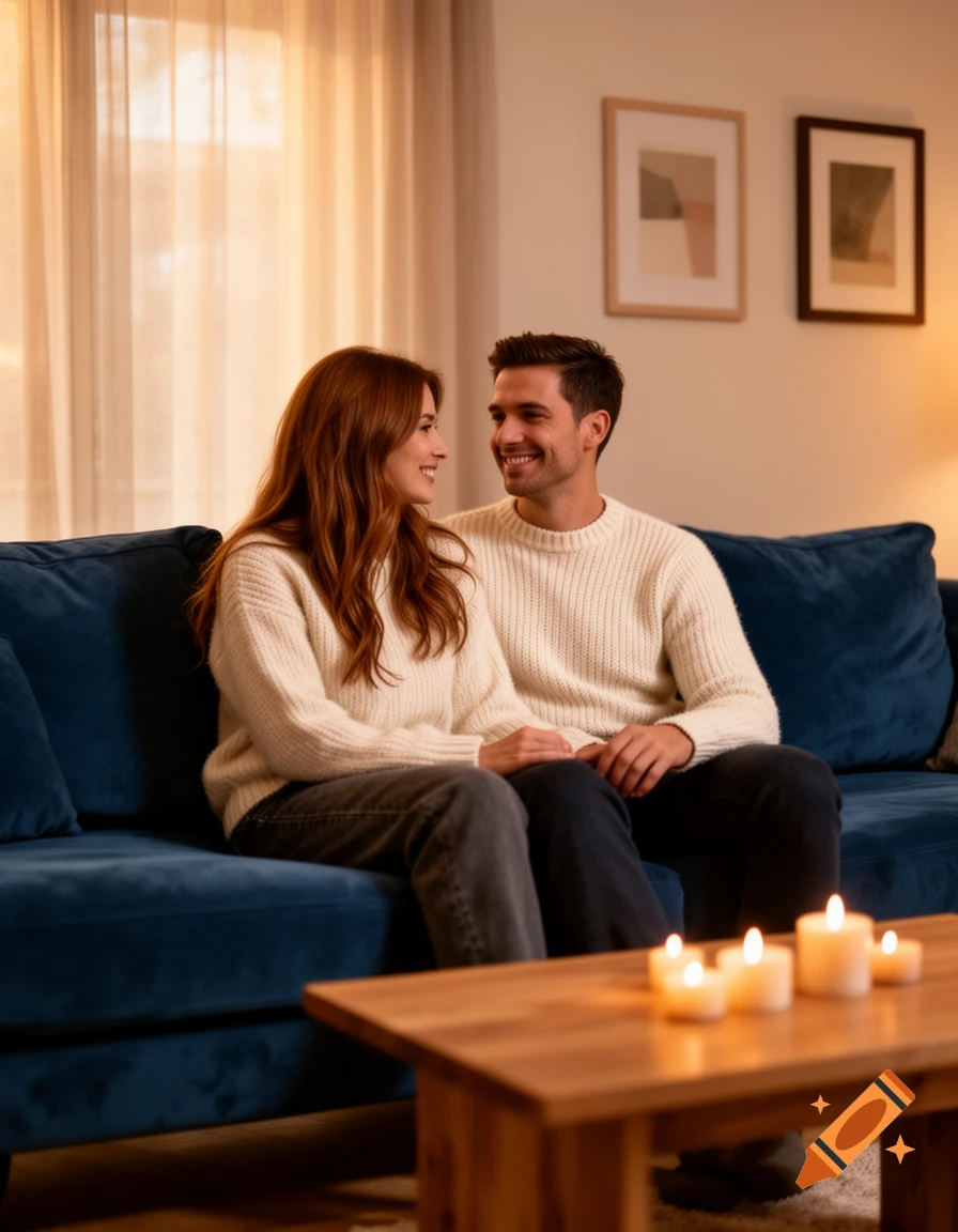 A smiling couple sits on a blue couch, looking at each other, with lit candles on a wooden coffee table in a cozy living room.