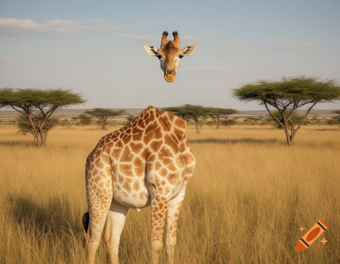 A photorealistic giraffe body stands in a savanna, with its head floating above its shoulders against a clear sky.