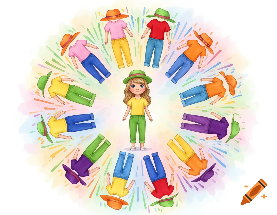 A cartoon girl in a green hat and clothes, surrounded by a circular arrangement of 12 colorful doll outfits on a splashy background.