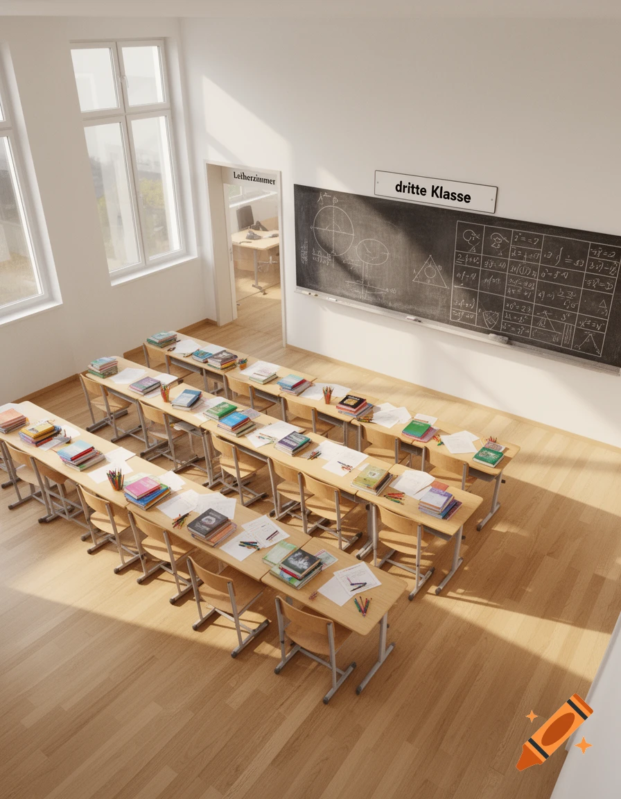 High-angle view of a realistic, empty classroom with rows of wooden desks, a blackboard, and large windows.