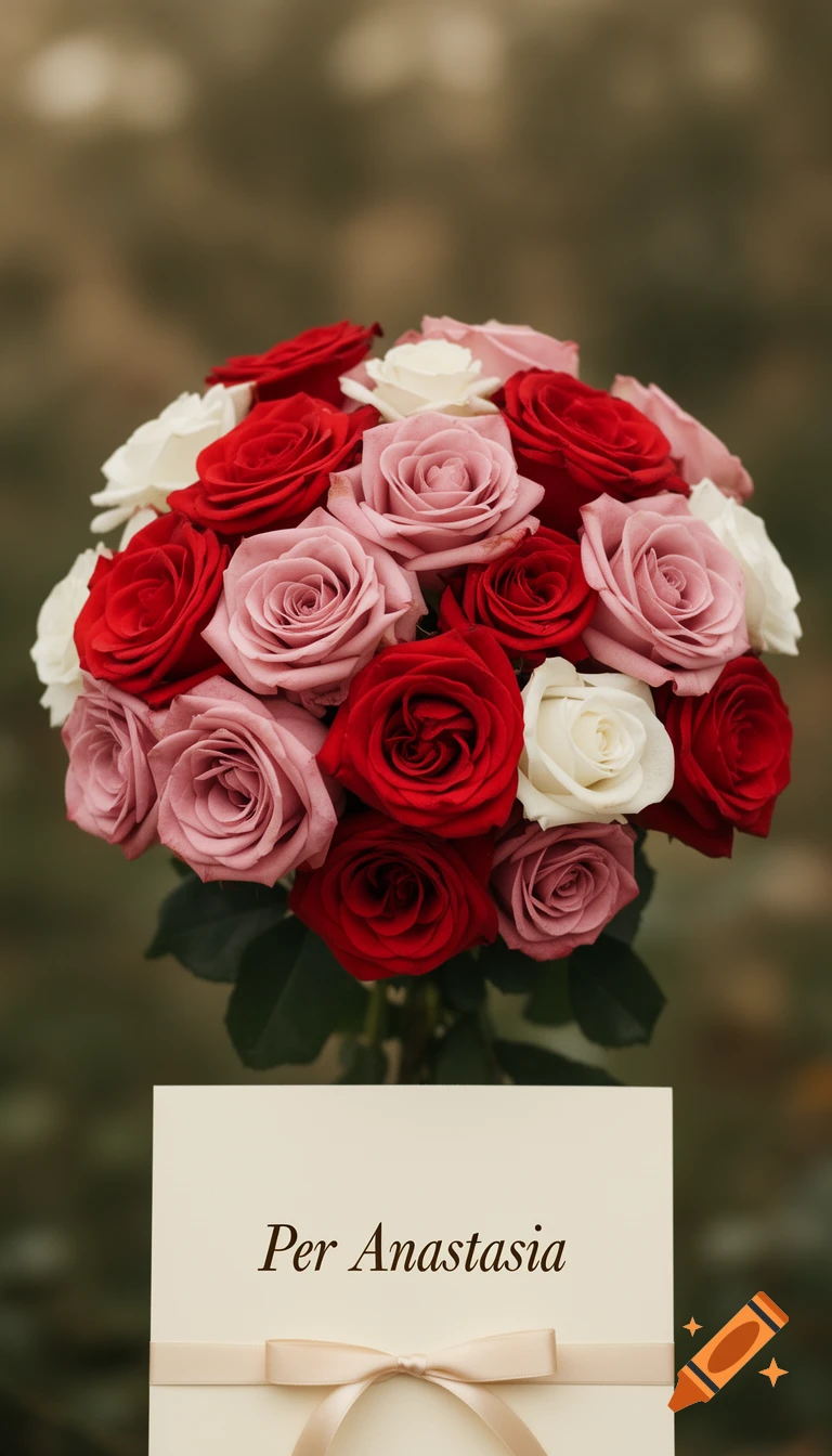 A photorealistic bouquet of red, pink, and white roses with a card reading 'Per Anastasia' at the bottom.