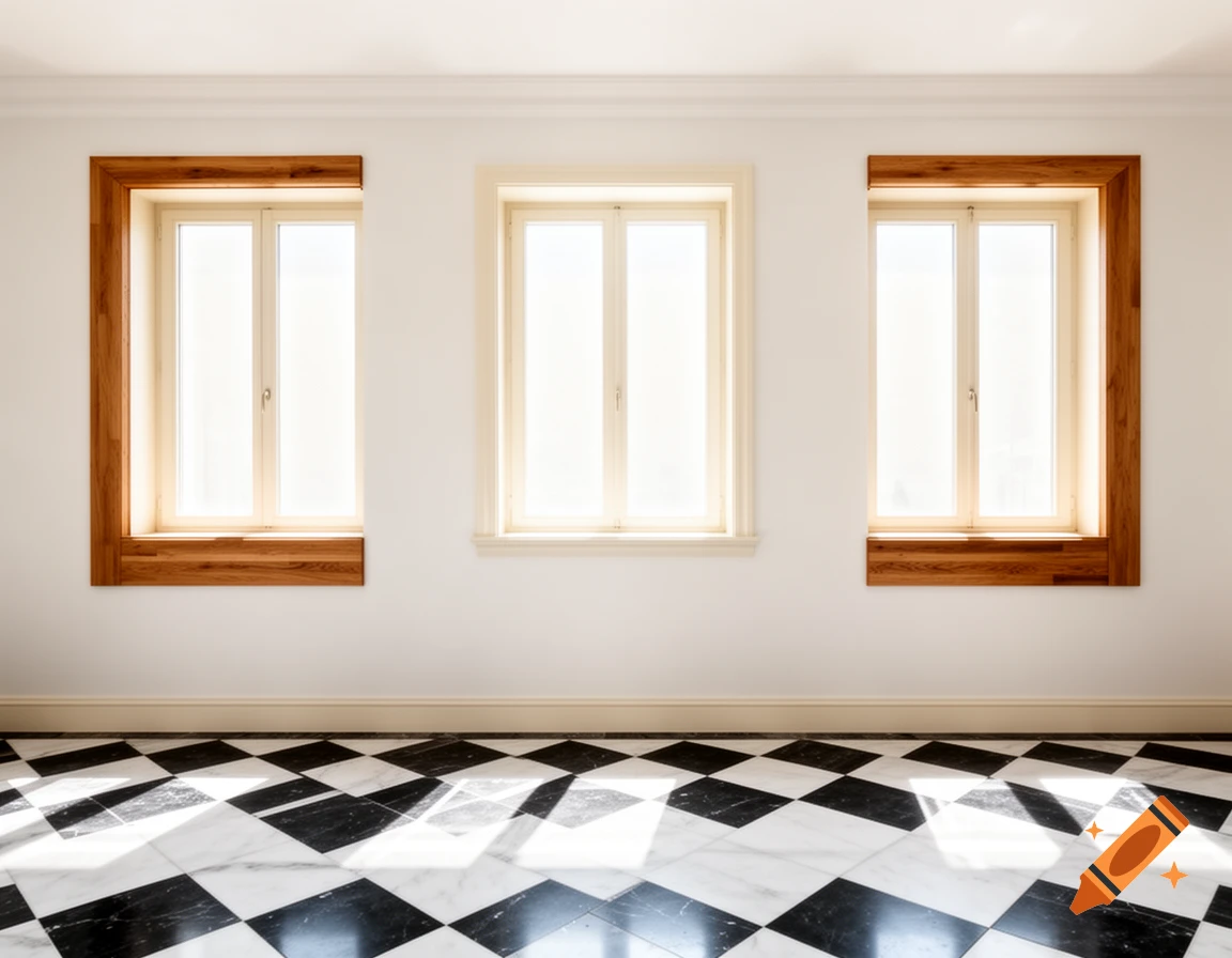 An empty room with three tall windows, two framed in wood, above a black and white checkered marble floor.