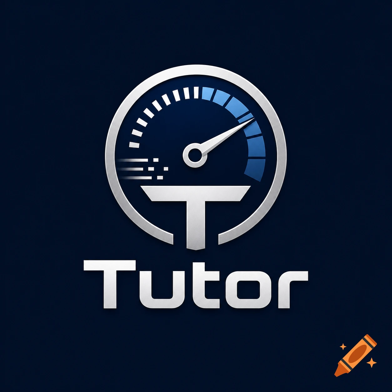A digital logo features a silver speedometer with blue accents and a large silver 'T' in the center, with the word 'Tutor' below.