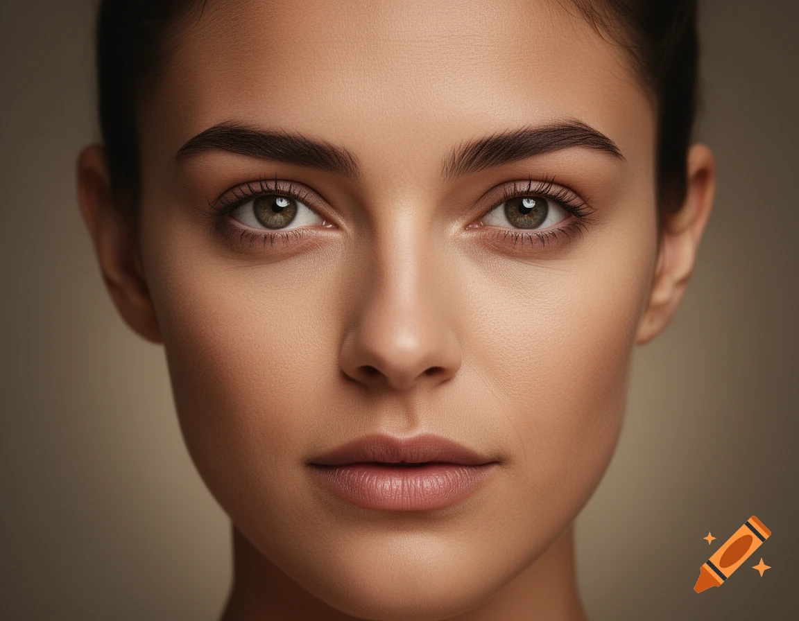 Close-up photorealistic portrait of a young woman's face with smooth skin, dark eyebrows, and brown eyes.