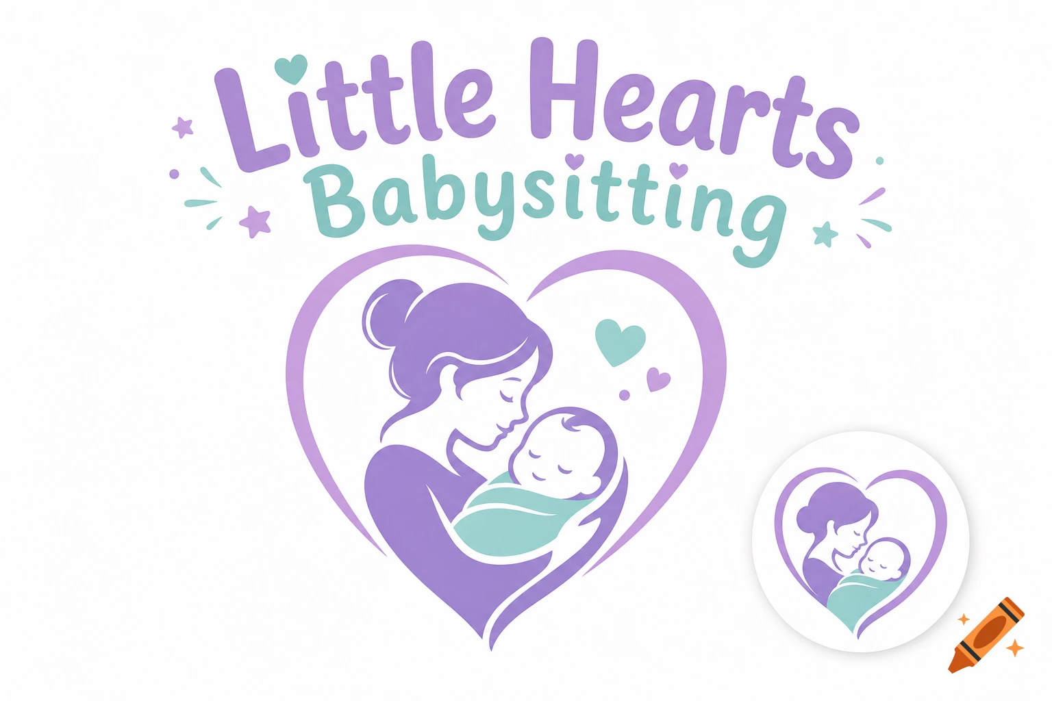 Logo for 'Little Hearts Babysitting' in purple and teal, featuring a stylized illustration of a mother embracing a baby within a heart shape.
