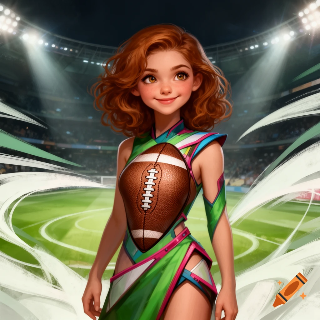 A smiling, stylized red-haired girl with a football chest in a green and pink outfit stands in a stadium at night, digital art.
