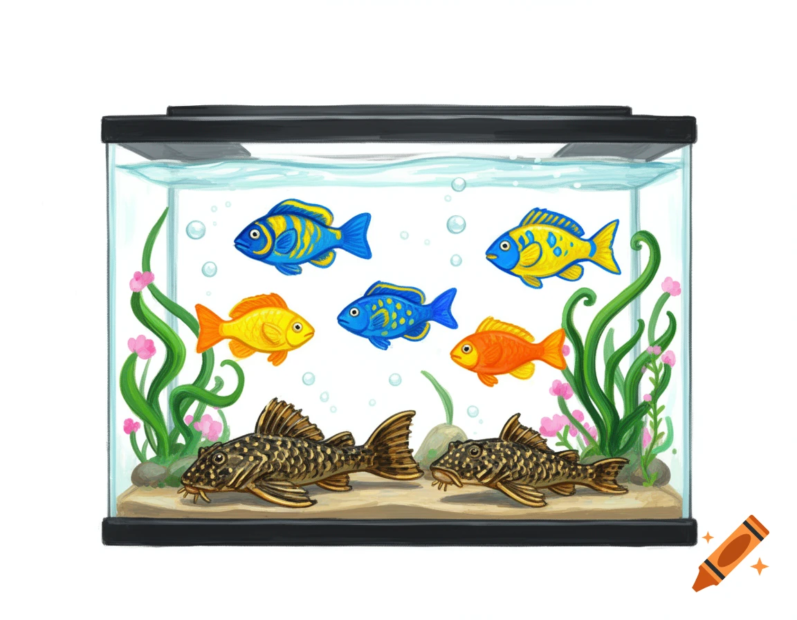 An illustration of a fish tank containing colorful tropical fish and two Plecostomus, with green plants and small pink flowers.