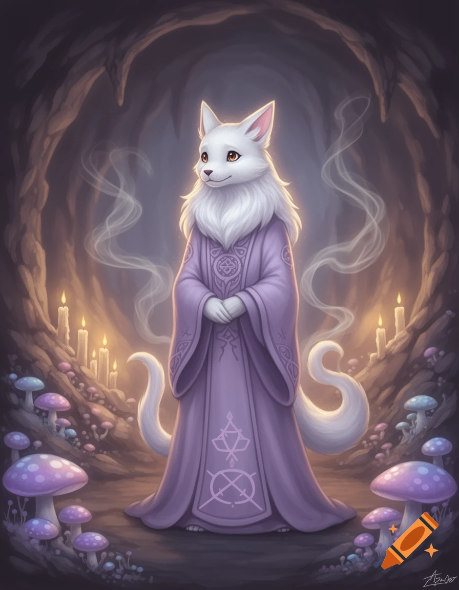A white fox-like anthropomorphic wizard in a purple robe stands in a glowing cave surrounded by candles and purple mushrooms, with smoke curling around.