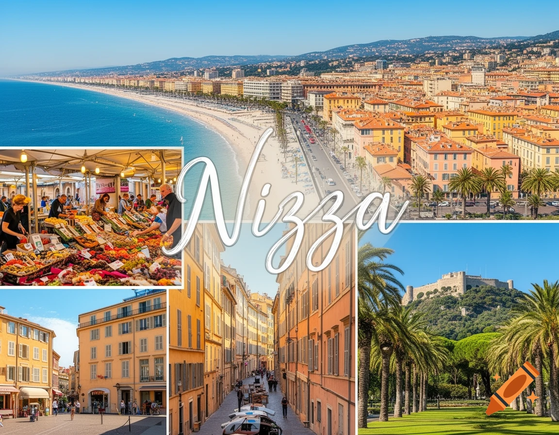 Photorealistic collage of Nice, France, showing a beach, city streets, a market, and a castle, with 'Nizza' written in script.