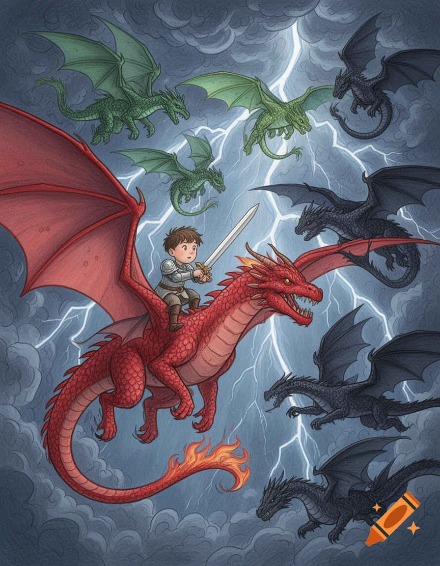 A young boy on a red dragon battles green and black dragons in a stormy, lightning-filled sky, in an illustrated style.