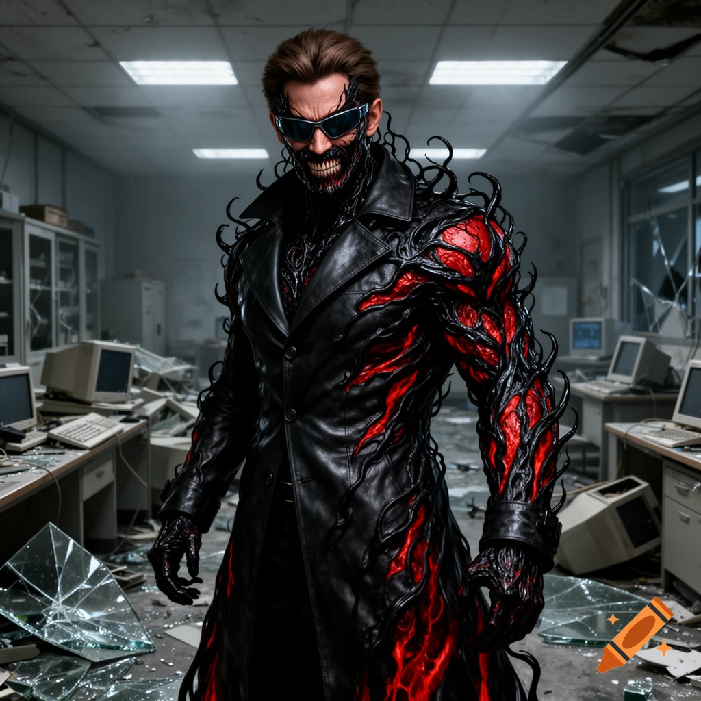 A menacing man with sunglasses and a black trench coat, with red and black symbiote tendrils, stands in a destroyed lab.