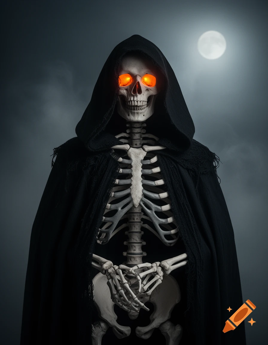 A skeleton in a black hooded cloak with glowing orange eyes stands against a dark, foggy background with a full moon.