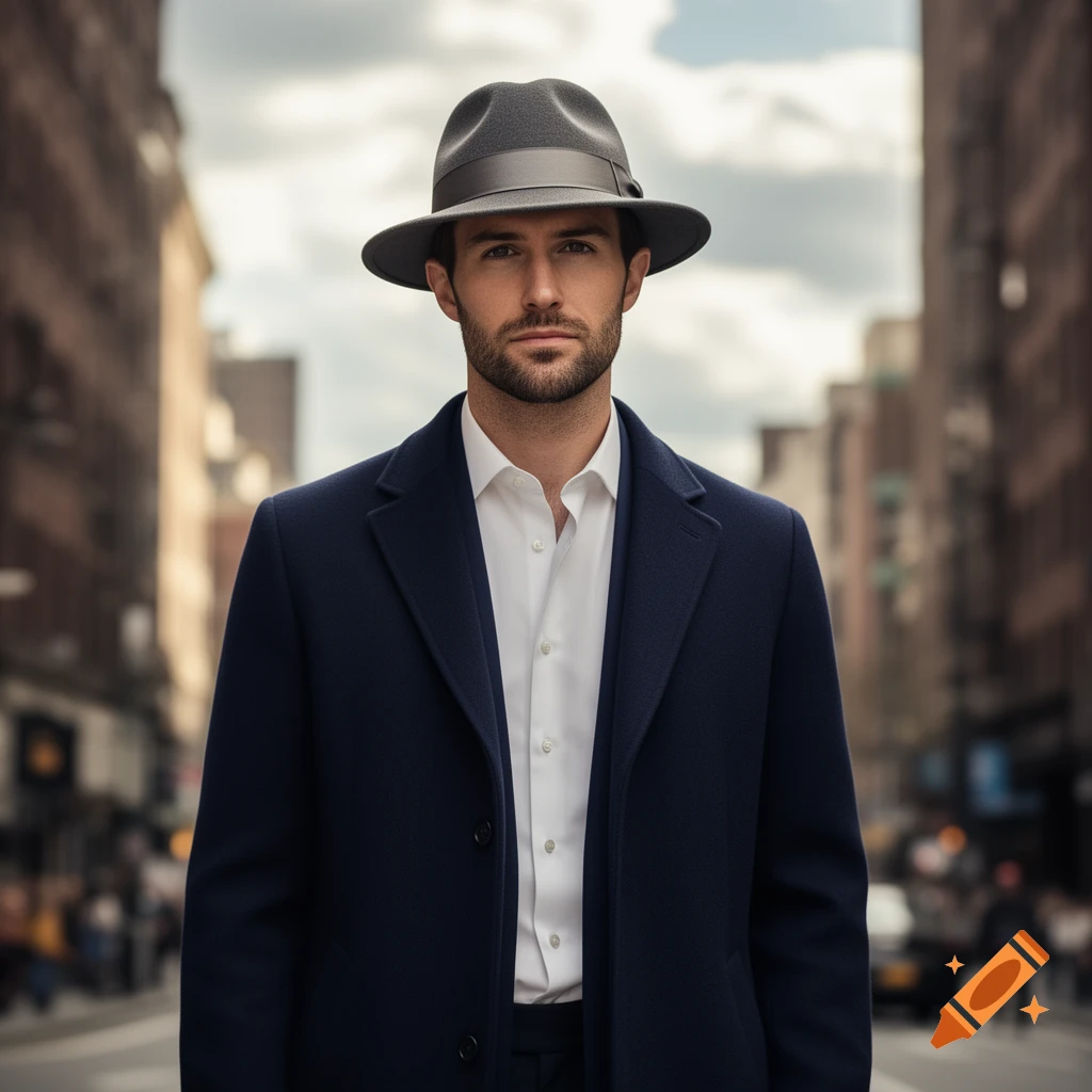 A serious man wearing a dark fedora and a navy blue coat over a white shirt, standing in a blurred city street.
