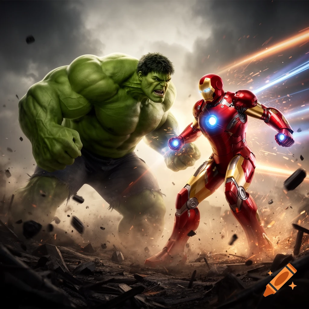 The Hulk and Iron Man face off in a dramatic, photorealistic battle scene with debris and energy trails.