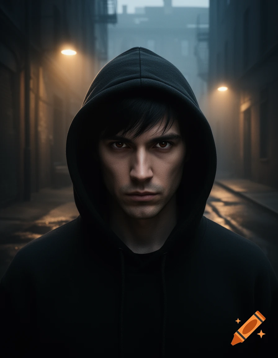 Photorealistic portrait of a man in a black hoodie with dark hair and serious eyes, looking forward in a dimly lit, foggy urban alley.