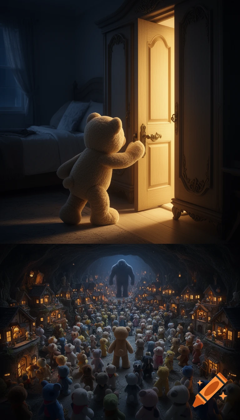 A teddy bear opens a glowing wardrobe door to an underground world filled with tiny bear houses and a giant shadowy figure.
