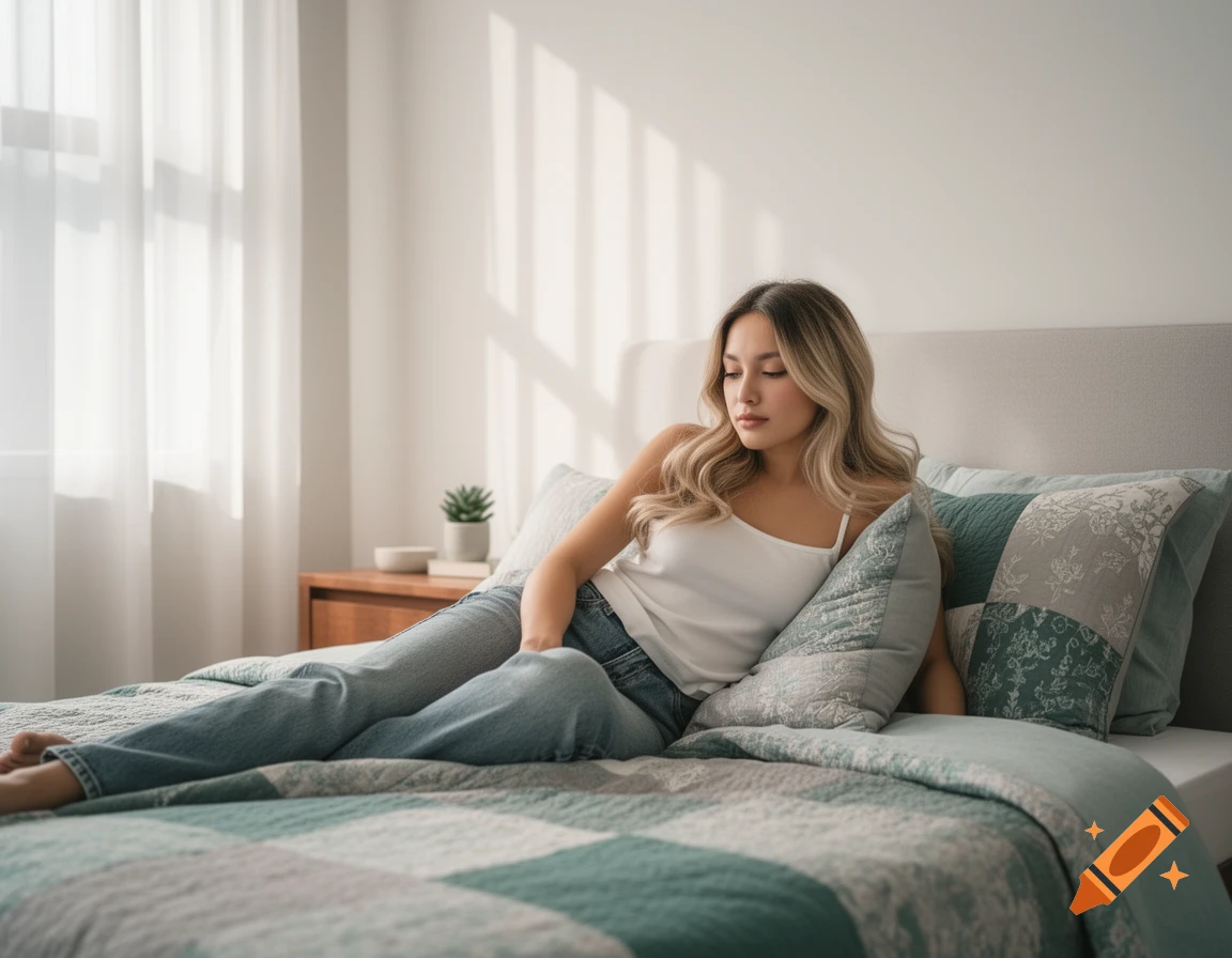 A woman with long blonde hair lounges on a bed in a bright bedroom.
